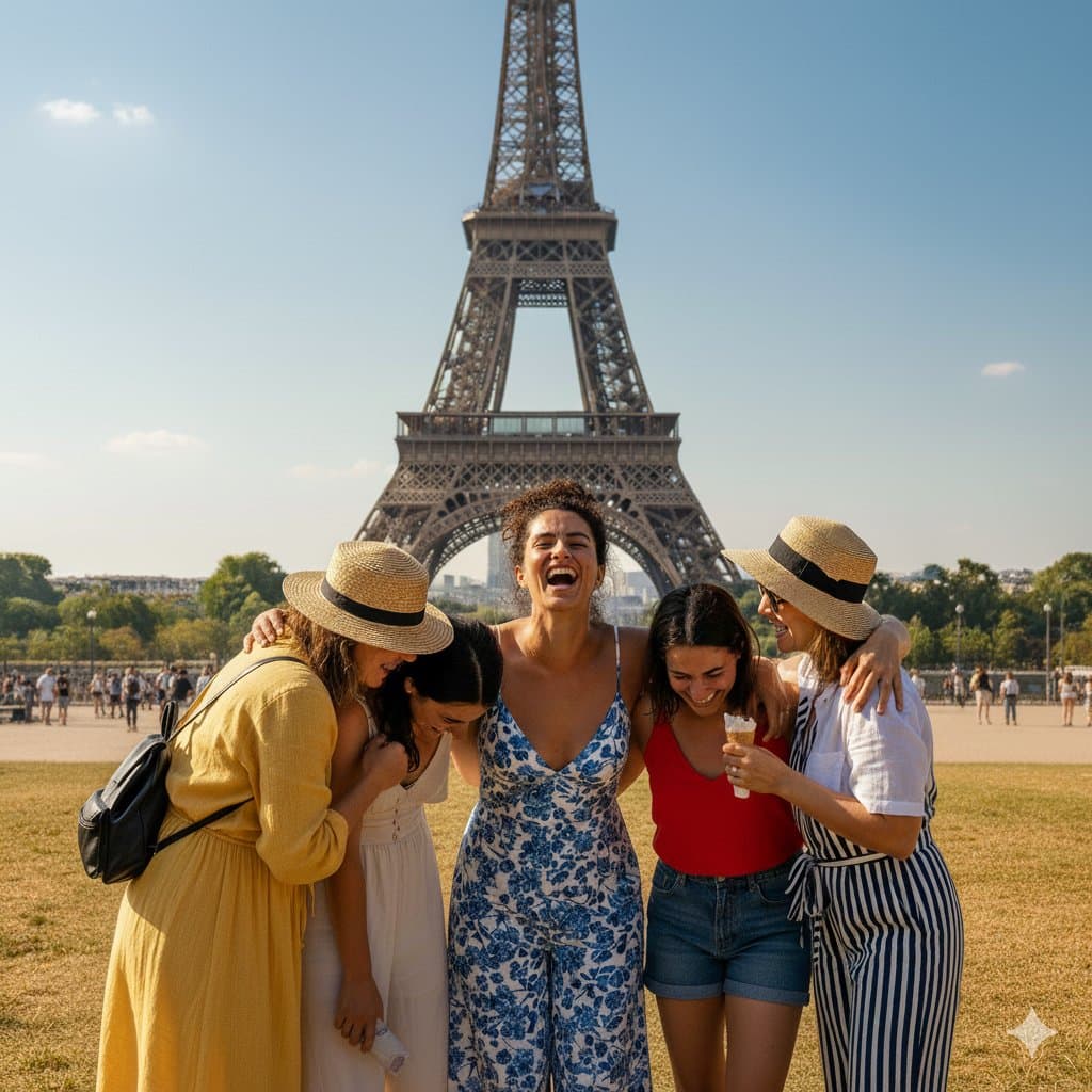 Friends laughing together in front of the Eiffel Tower