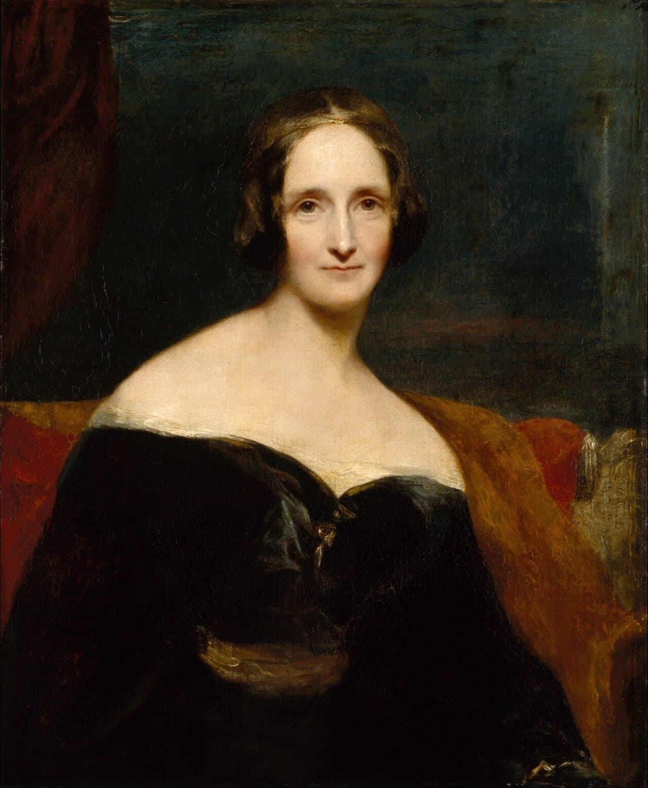 painting of author mary shelley in a black dress sitting on a red couch