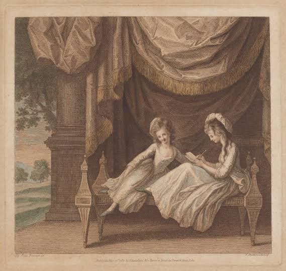 black and white artwork of Elizabeth Herbert and women writing